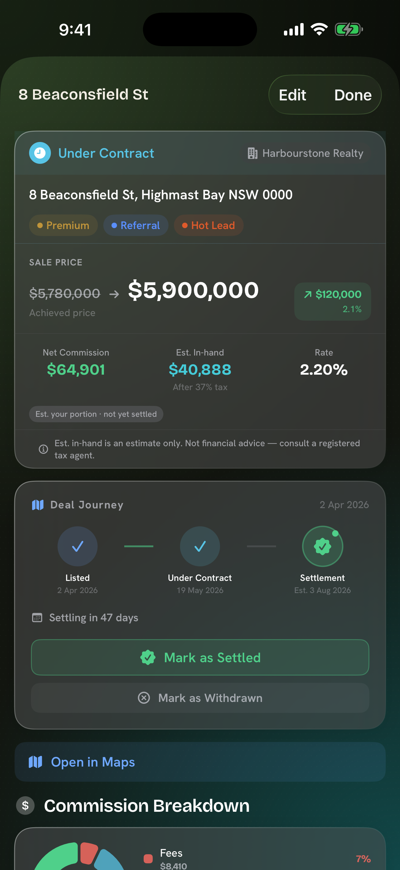 Commission Buddy commission detail screen in dark mode showing the breakdown