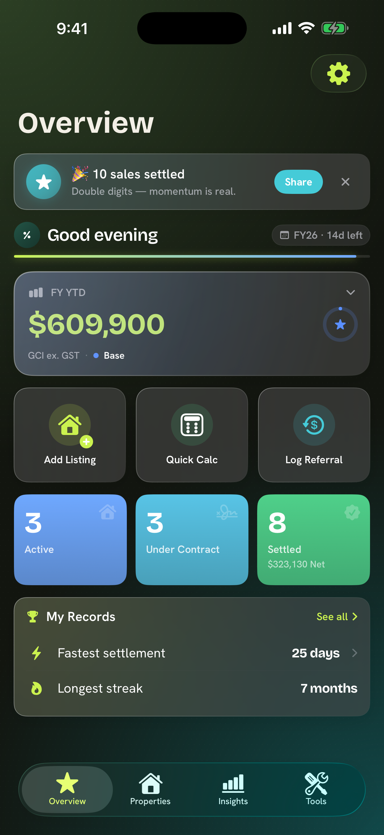 Commission Buddy home screen in dark mode showing earnings and pipeline