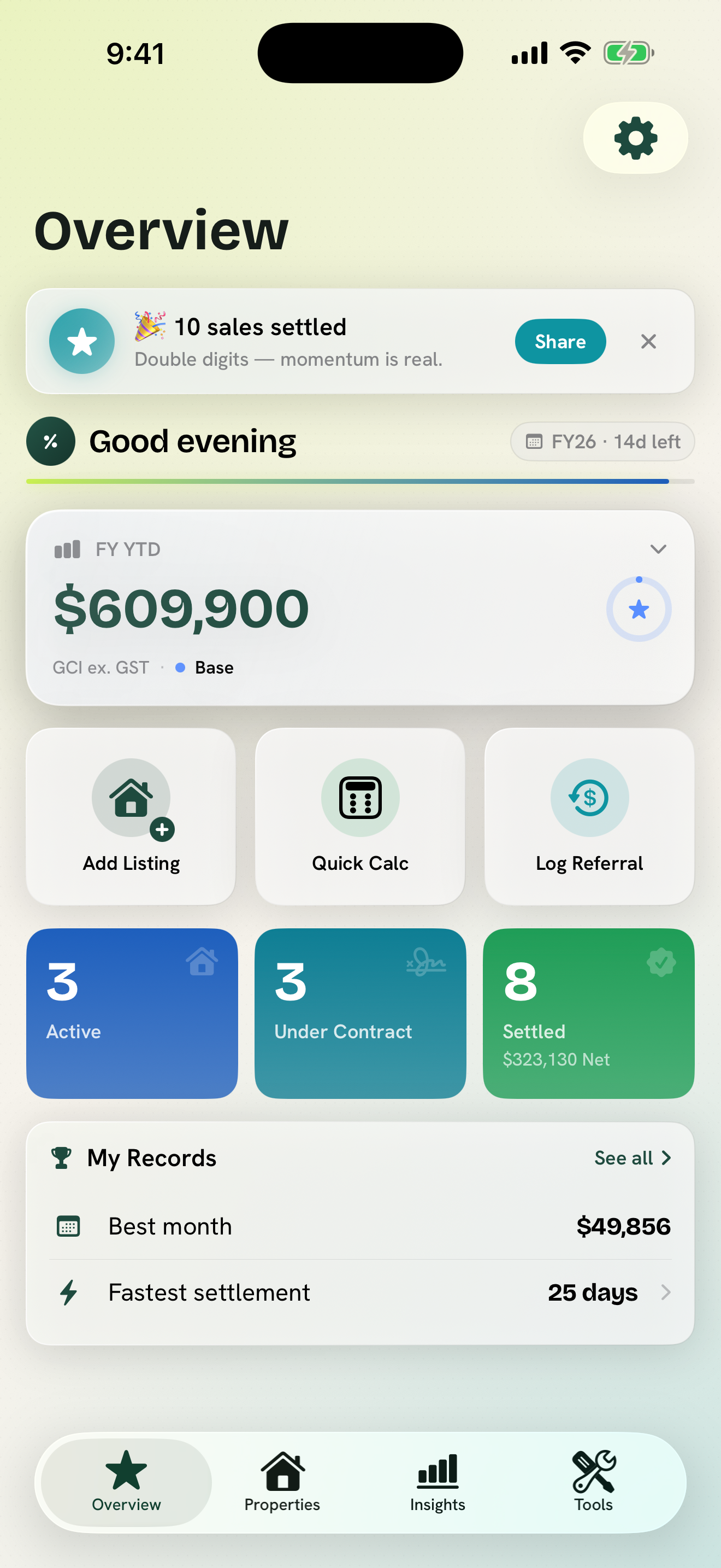 Commission Buddy home screen in light mode showing earnings and pipeline