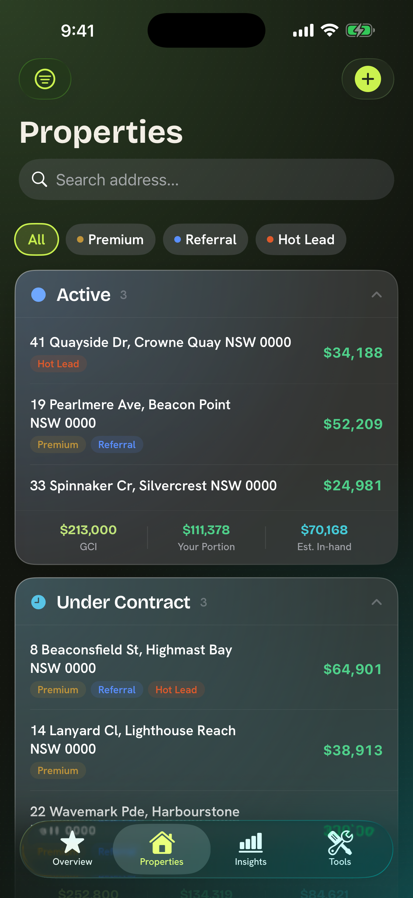 Commission Buddy listings screen in dark mode showing synced data