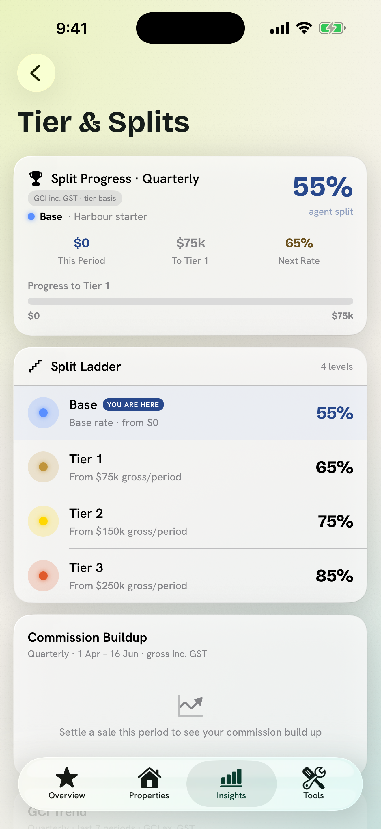 Commission Buddy tier progress screen in light mode showing the next threshold